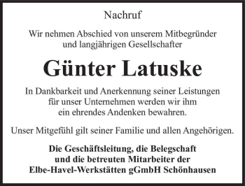 Traueranzeige von Günter Latuske  von Magdeburger Volksstimme
