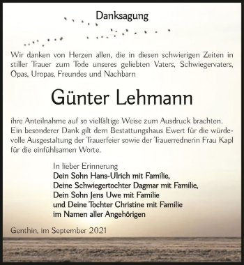 Traueranzeige von Günter Lehmann  von Magdeburger Volksstimme