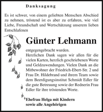 Traueranzeige von Günter Lehmann  von Magdeburger Volksstimme