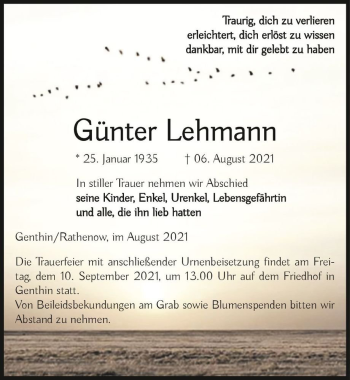 Traueranzeige von Günter Lehmann  von Magdeburger Volksstimme