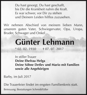 Traueranzeige von Günter Lehmann  von Magdeburger Volksstimme