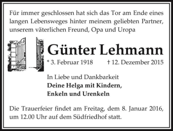 Traueranzeige von Günter Lehmann  von Magdeburger Volksstimme