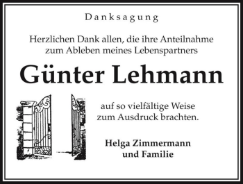 Traueranzeige von Günter Lehmann  von Magdeburger Volksstimme