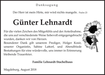 Traueranzeige von Günter Lehnardt  von Magdeburger Volksstimme