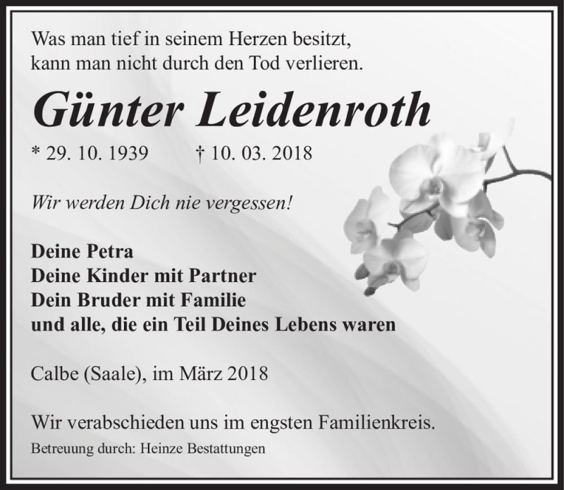  Traueranzeige für Günter Leidenroth  vom 24.03.2018 aus Magdeburger Volksstimme