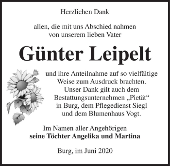 Traueranzeige von Günter Leipelt  von Magdeburger Volksstimme