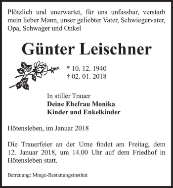 Traueranzeige von Günter Leischner  von Magdeburger Volksstimme