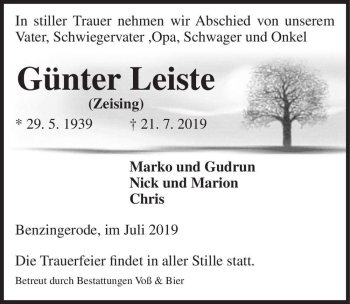 Traueranzeige von Günter Leiste (Zeising)  von Magdeburger Volksstimme