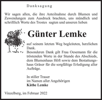 Traueranzeige von Günter Lemke  von Magdeburger Volksstimme