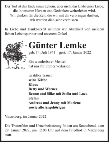 Traueranzeige von Günter Lemke  von Magdeburger Volksstimme