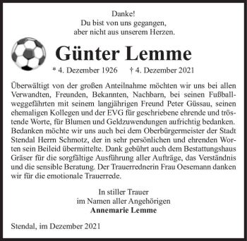 Traueranzeige von Günter Lemme  von Magdeburger Volksstimme