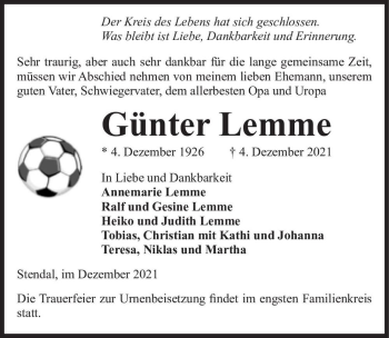 Traueranzeige von Günter Lemme  von Magdeburger Volksstimme