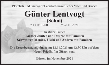 Traueranzeige von Günter Lentvogt (Sohni)  von Magdeburger Volksstimme