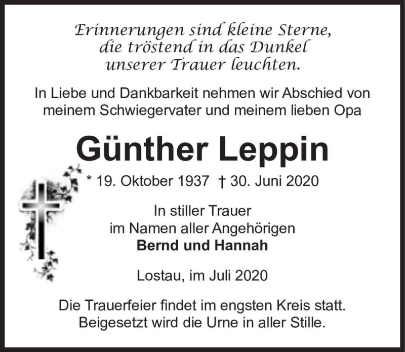  Traueranzeige für Günter Leppin  vom 11.07.2020 aus Magdeburger Volksstimme