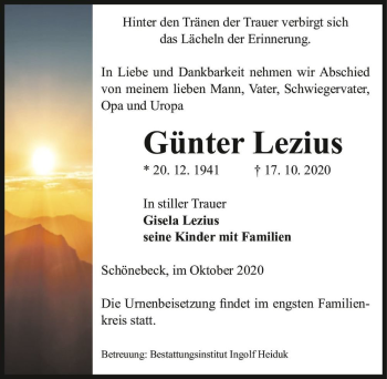 Traueranzeige von Günter Lezius  von Magdeburger Volksstimme