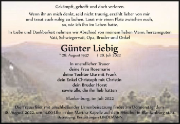 Traueranzeige von Günter Liebig  von Magdeburger Volksstimme