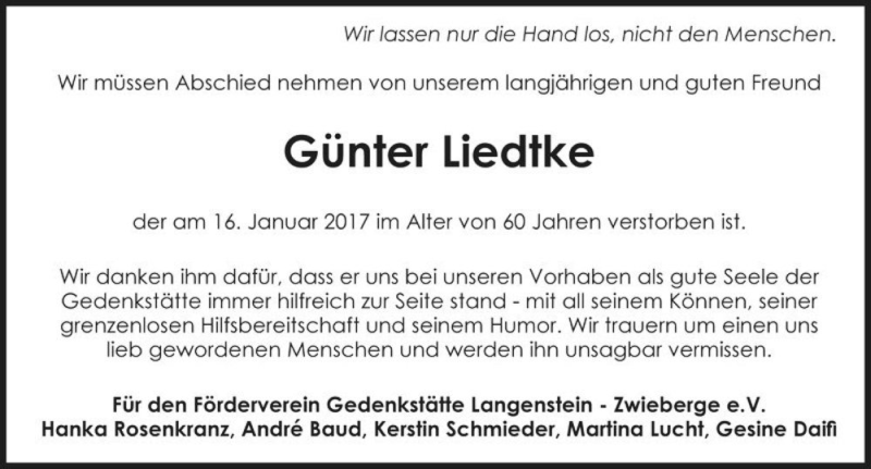  Traueranzeige für Günter Liedtke  vom 21.01.2017 aus Magdeburger Volksstimme