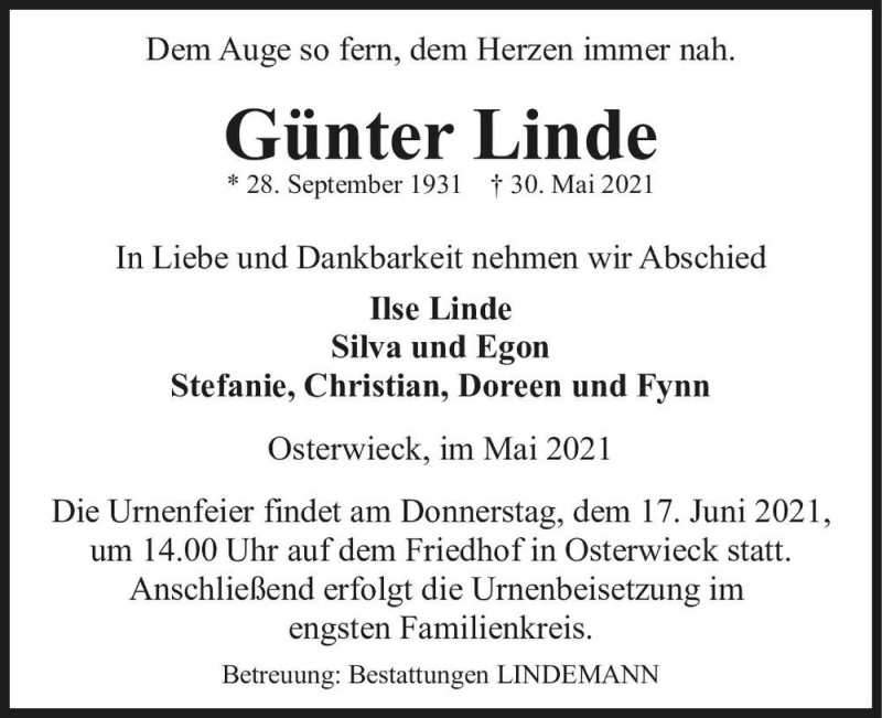  Traueranzeige für Günter Linde  vom 12.06.2021 aus Magdeburger Volksstimme