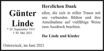 Traueranzeige von Günter Linde  von Magdeburger Volksstimme