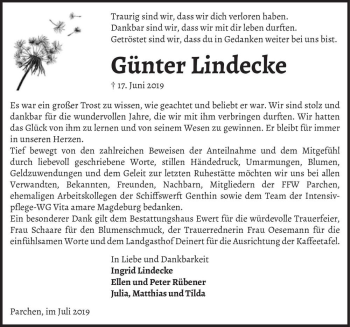 Traueranzeige von Günter Lindecke  von Magdeburger Volksstimme