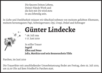 Traueranzeige von Günter Lindecke  von Magdeburger Volksstimme