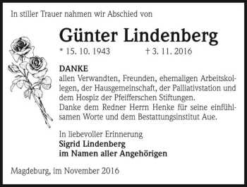 Traueranzeige von Günter Lindenberg  von Magdeburger Volksstimme