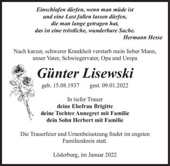 Traueranzeige von Günter Lisewski  von Magdeburger Volksstimme