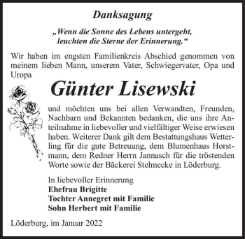 Traueranzeige von Günter Lisewski  von Magdeburger Volksstimme
