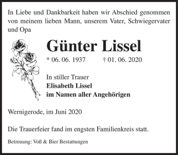 Traueranzeige von Günter Lissel  von Magdeburger Volksstimme