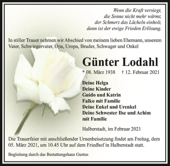 Traueranzeige von Günter Lodahl  von Magdeburger Volksstimme
