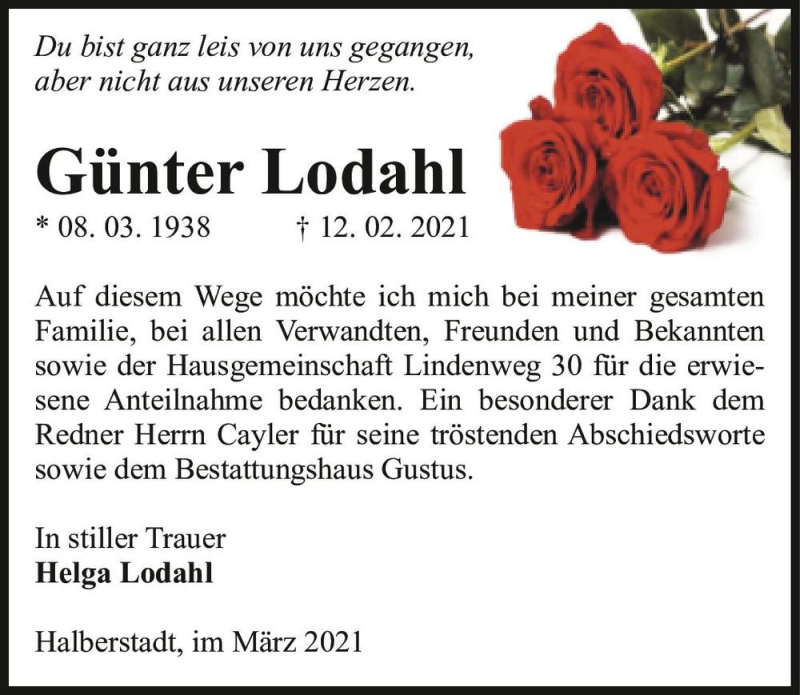  Traueranzeige für Günter Lodahl  vom 13.03.2021 aus Magdeburger Volksstimme