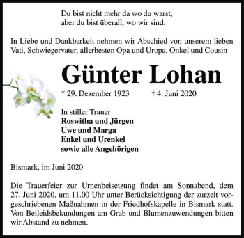 Traueranzeige von Günter Lohan  von Magdeburger Volksstimme