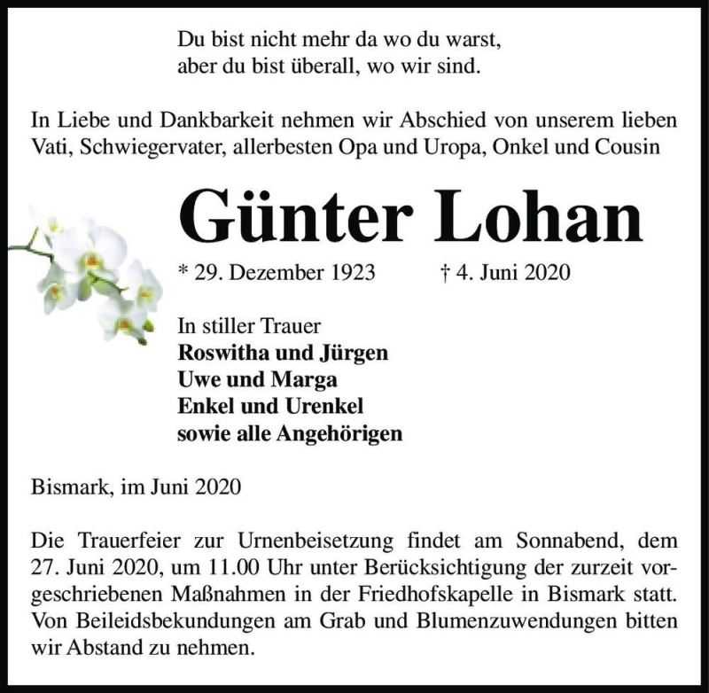  Traueranzeige für Günter Lohan  vom 20.06.2020 aus Magdeburger Volksstimme
