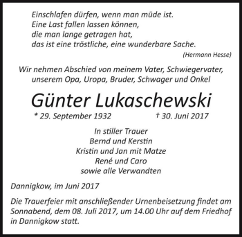 Traueranzeige von Günter Lukaschewski  von Magdeburger Volksstimme