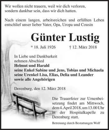Traueranzeige von Günter Lustig  von Magdeburger Volksstimme