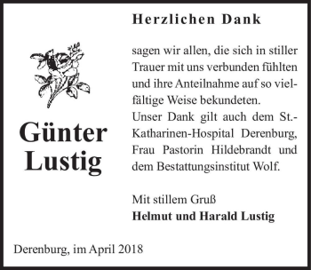 Traueranzeige von Günter Lustig  von Magdeburger Volksstimme