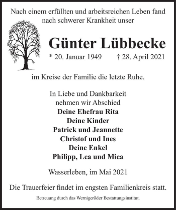 Traueranzeige von Günter Lübbecke  von Magdeburger Volksstimme