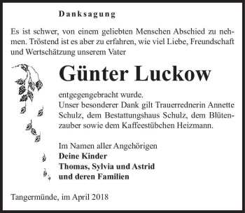 Traueranzeige von Günter Lückow  von Magdeburger Volksstimme