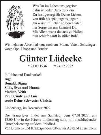 Traueranzeige von Günter Lüdecke  von Magdeburger Volksstimme