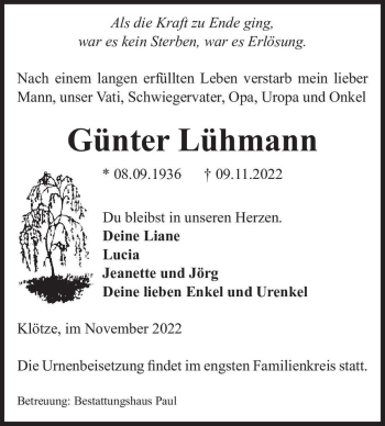 Traueranzeige von Günter Lühmann  von Magdeburger Volksstimme