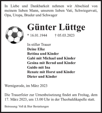 Traueranzeige von Günter Lüttge  von Magdeburger Volksstimme