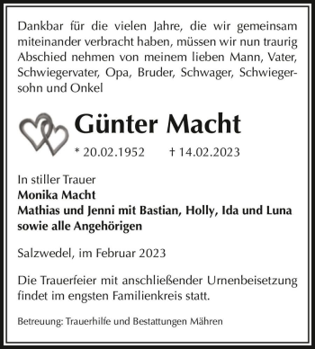Traueranzeige von Günter Macht  von Magdeburger Volksstimme