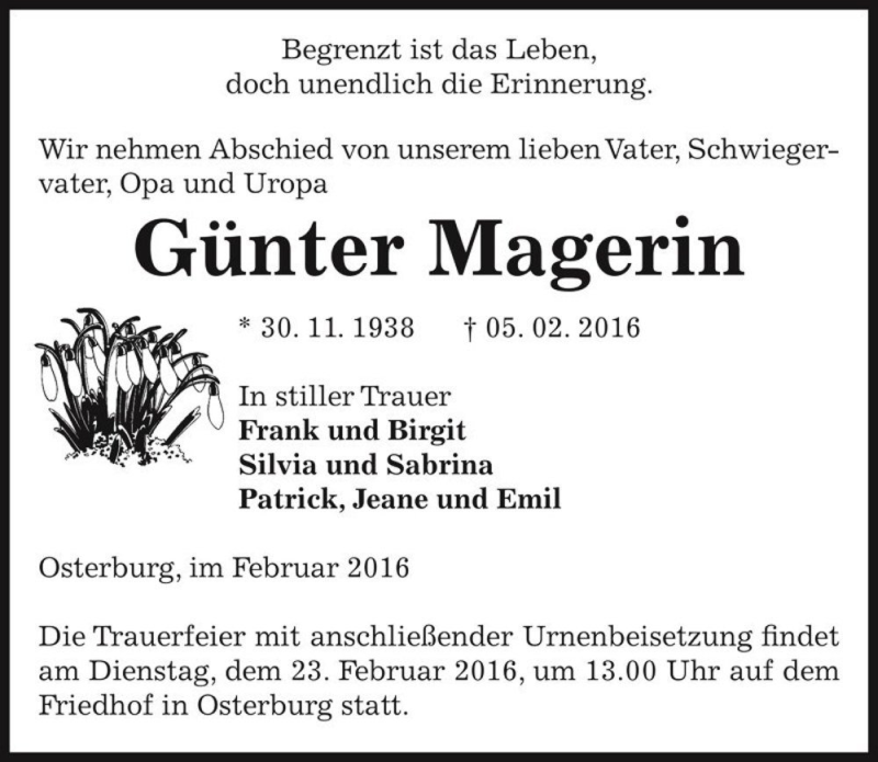  Traueranzeige für Günter Magerin  vom 10.02.2016 aus Magdeburger Volksstimme
