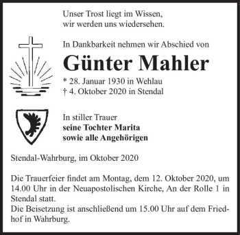 Traueranzeige von Günter Mahler  von Magdeburger Volksstimme