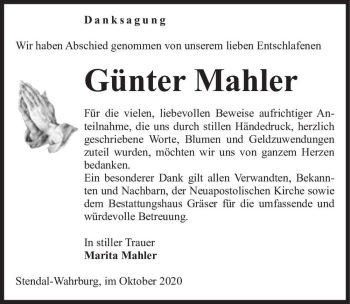 Traueranzeige von Günter Mahler  von Magdeburger Volksstimme
