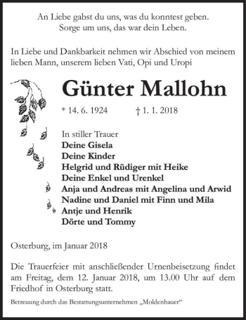 Traueranzeige von Günter Mallohn  von Magdeburger Volksstimme