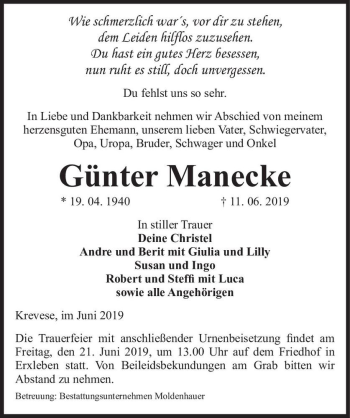 Traueranzeige von Günter Manecke  von Magdeburger Volksstimme