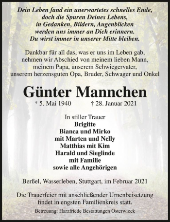 Traueranzeige von Günter Mannchen  von Magdeburger Volksstimme