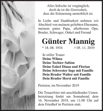 Traueranzeige von Günter Mannig  von Magdeburger Volksstimme