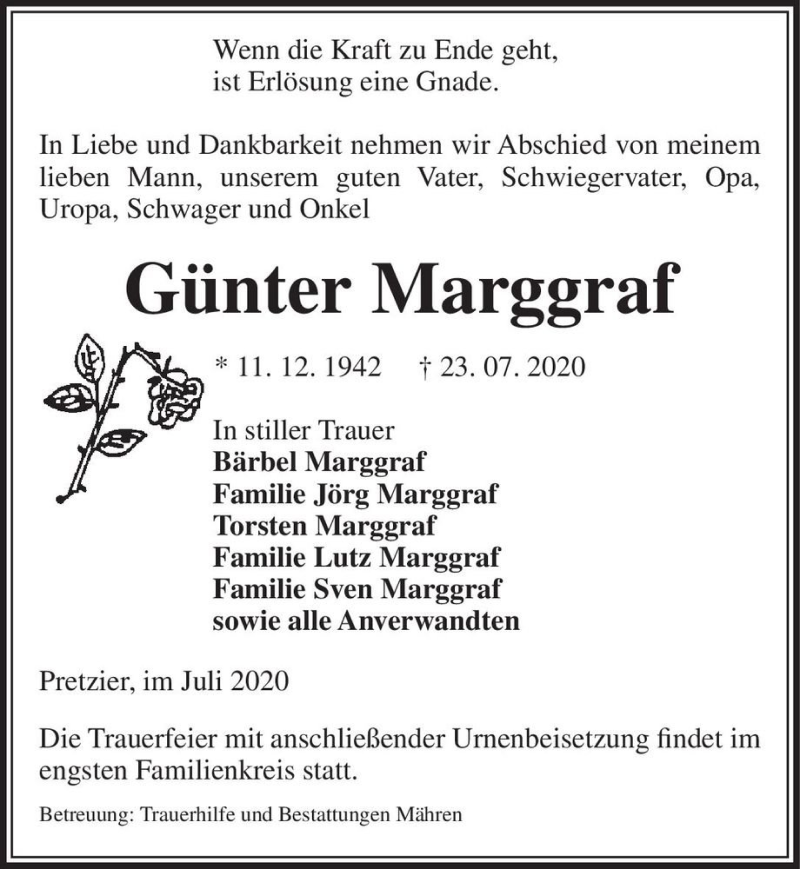  Traueranzeige für Günter Marggraf  vom 25.07.2020 aus Magdeburger Volksstimme